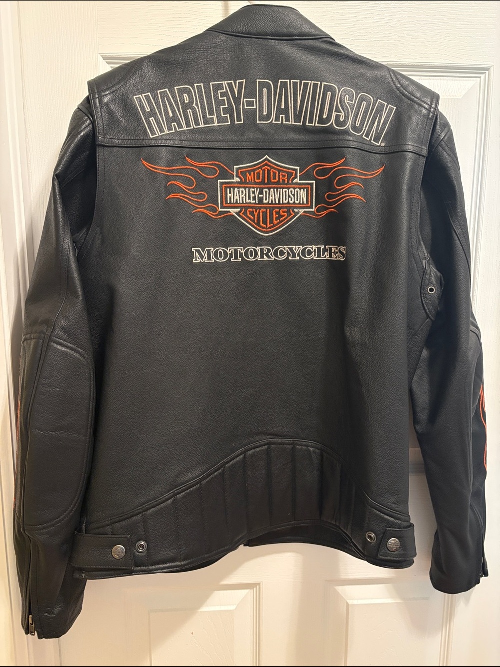 Harley-Davidson Black Leather Jacket with Orange Flame Logo